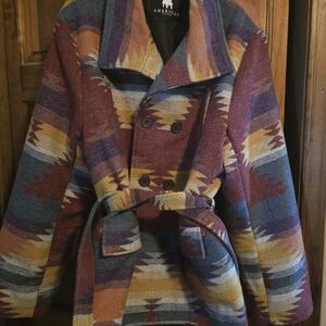 American Stitch Multicolor Patterned Pea Coat - Burgundy, Blue, Mustard